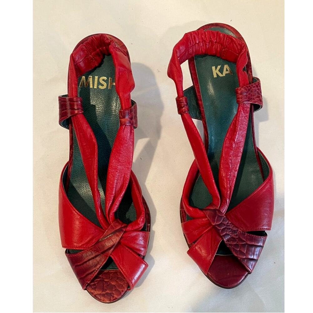 Vintage Mishka Red Leather Peep Toe Slingback Heels • Croc Embossed Size 7
